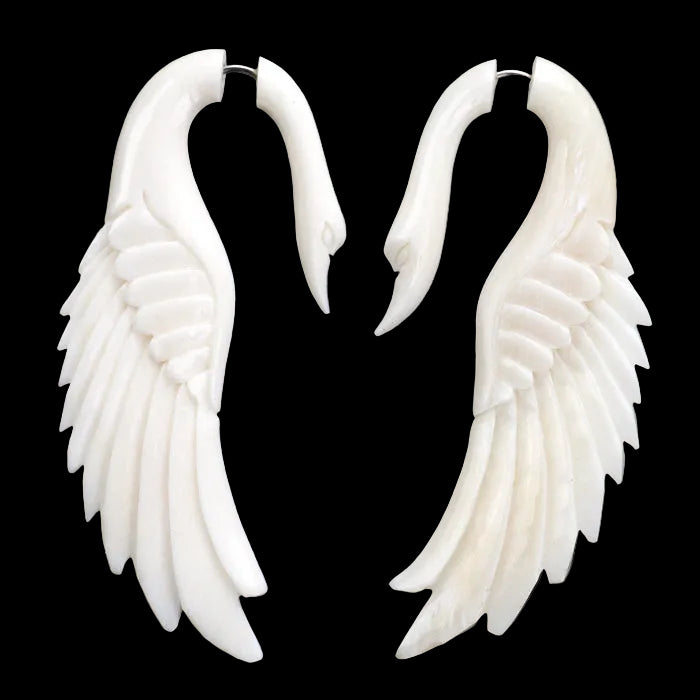Swan Angel Wing Spiral Fake Gauges Bone Earrings