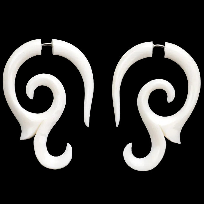 Curly Vine Tribal Fake Gauges Bone Earrings