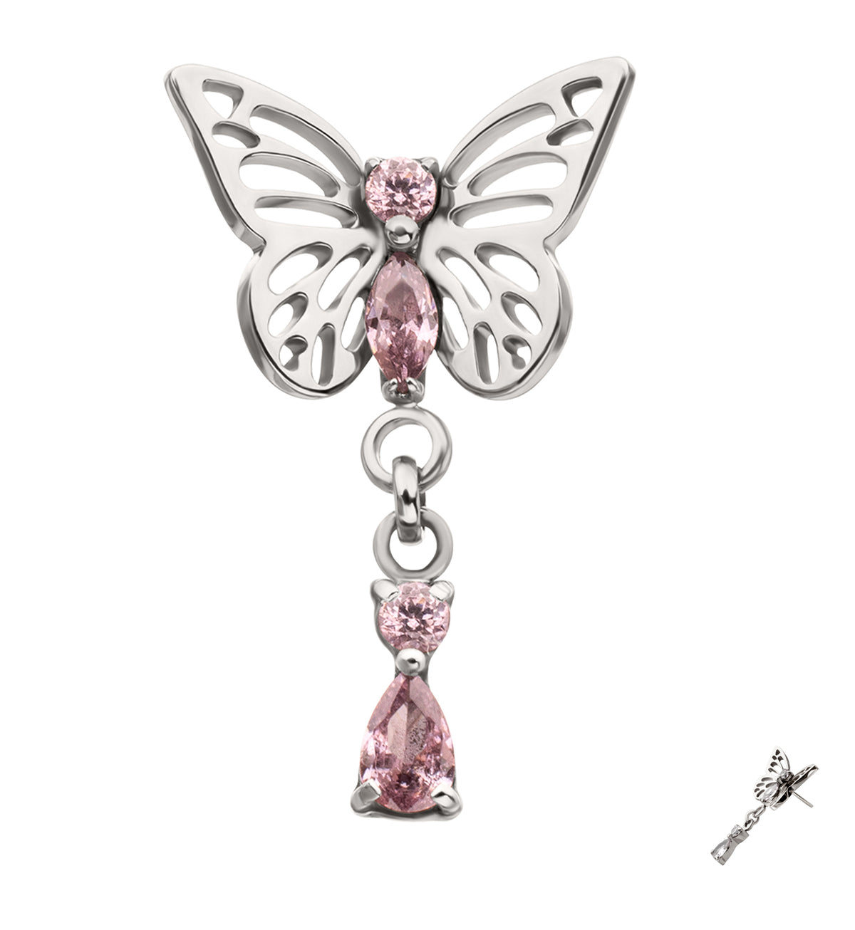 Butterfly Pink CZ Teardrop Dangle Titanium Threadless Top
