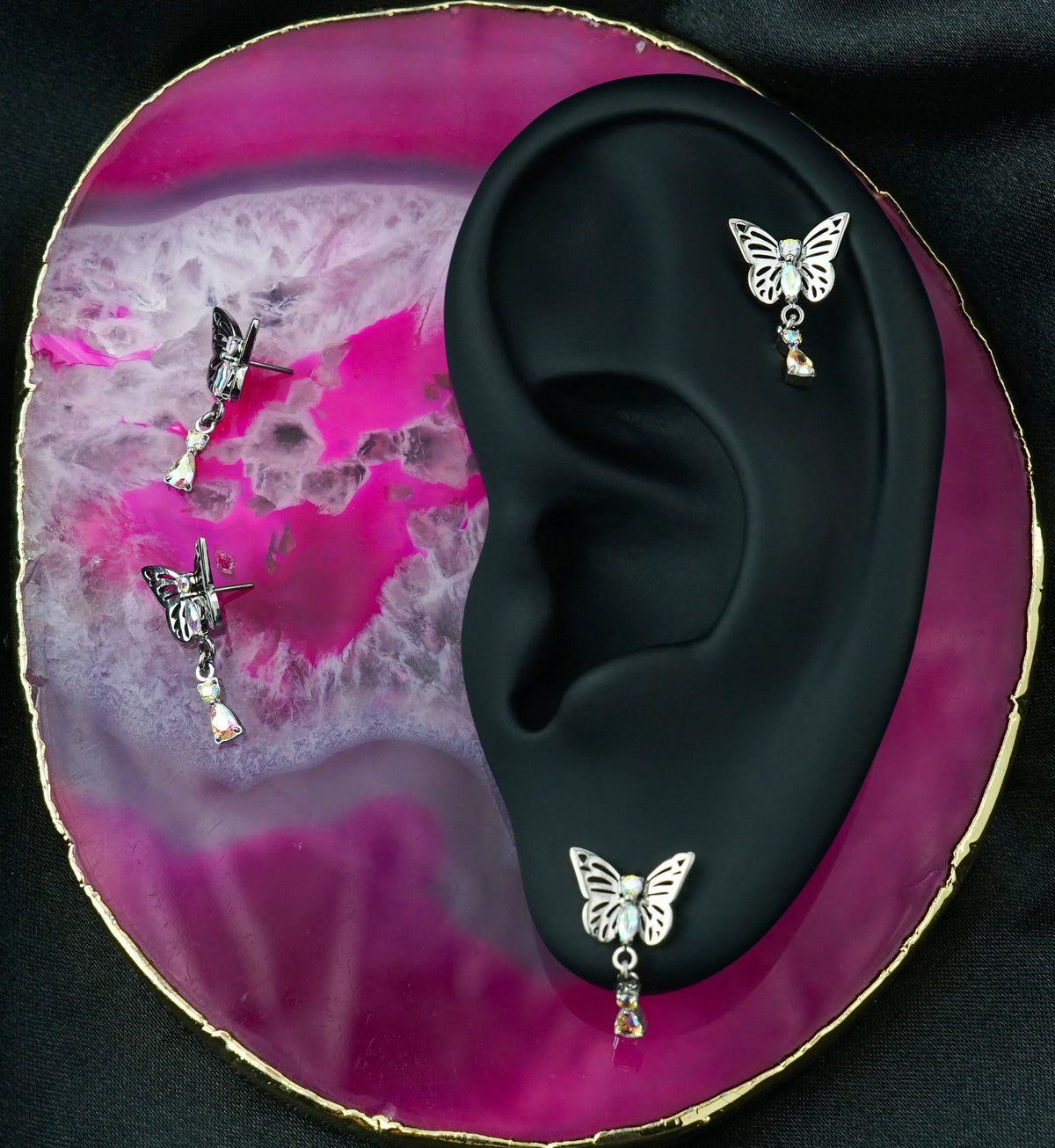 Butterfly Rainbow Aurora CZ Teardrop Dangle Titanium Threadless Top