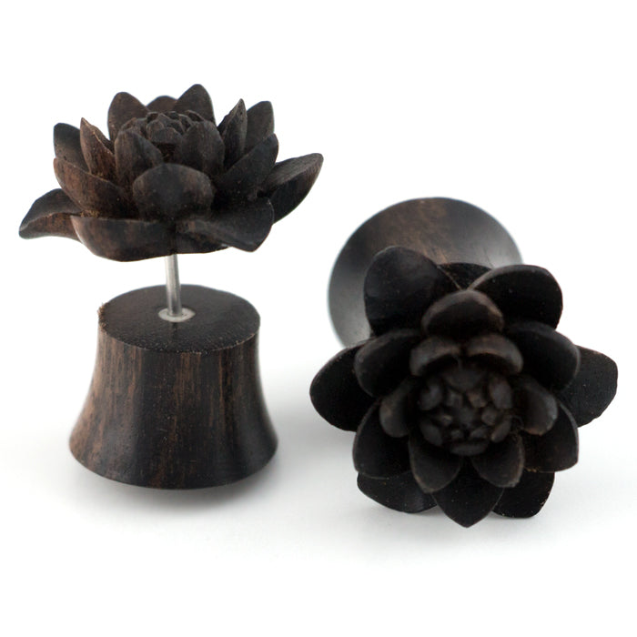 Carved Daisy Flower Sono Wood Fake Gauges Plugs