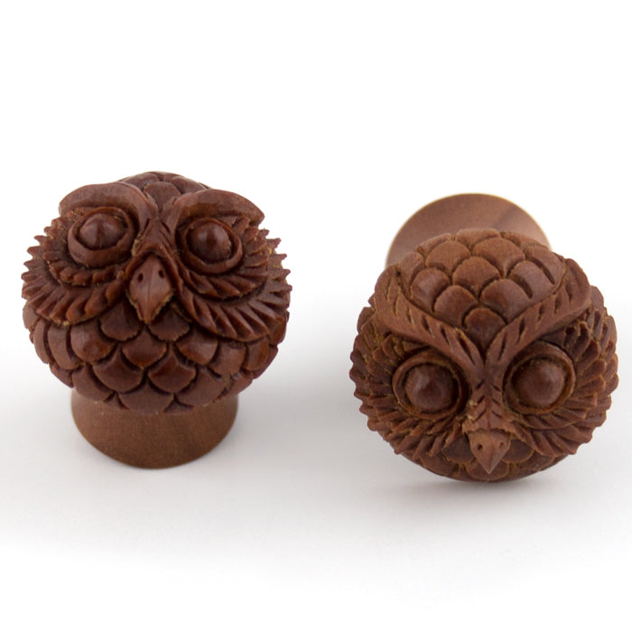 Carved Owl Face Wooden Fake Gauges Plugs