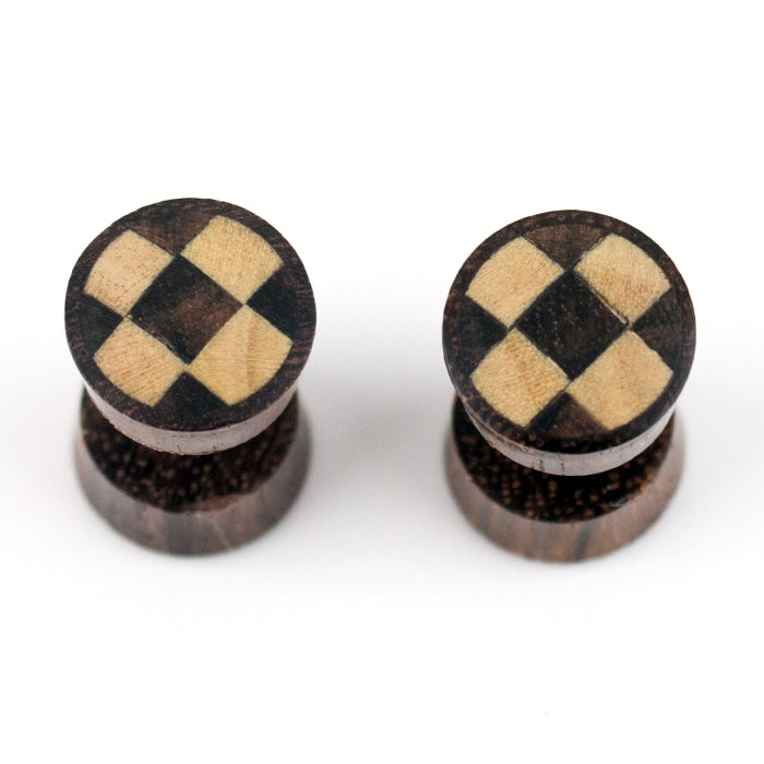Sono Wood Fake Gauges Plugs With Checker Wood Inlay