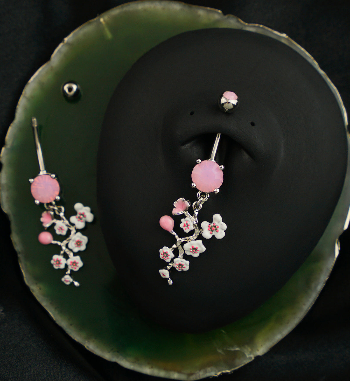 Cherry Blossom Vine Rose Quartz CZ Stainless Steel Belly Button Ring