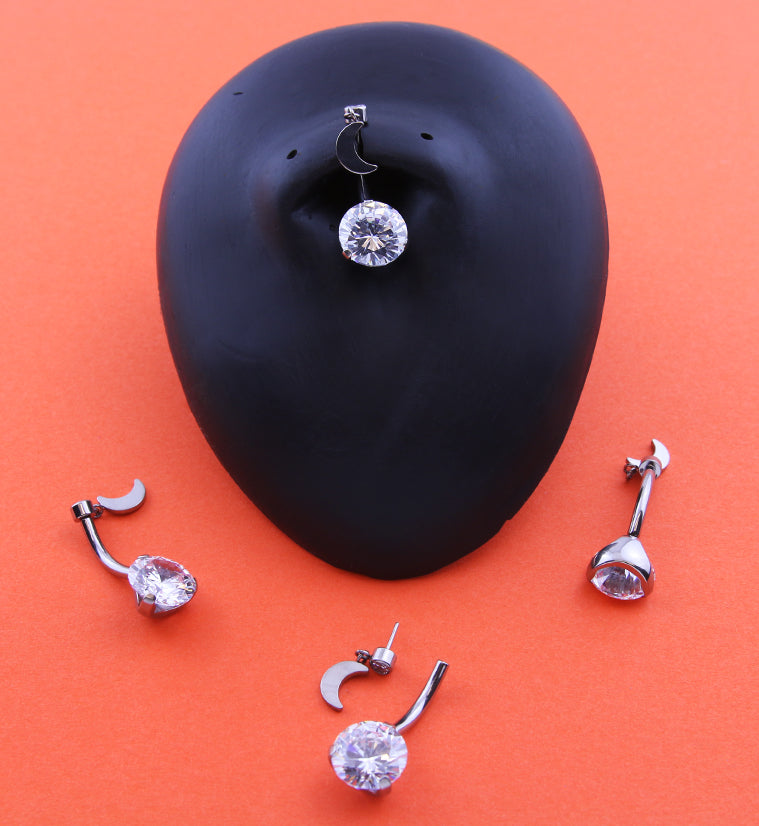 Clear CZ Dangle Half Moon Titanium Threadless Belly Button Ring