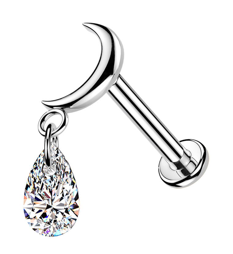 Crescent Moon Teardrop CZ Dangle Titanium Internally Threaded Labret
