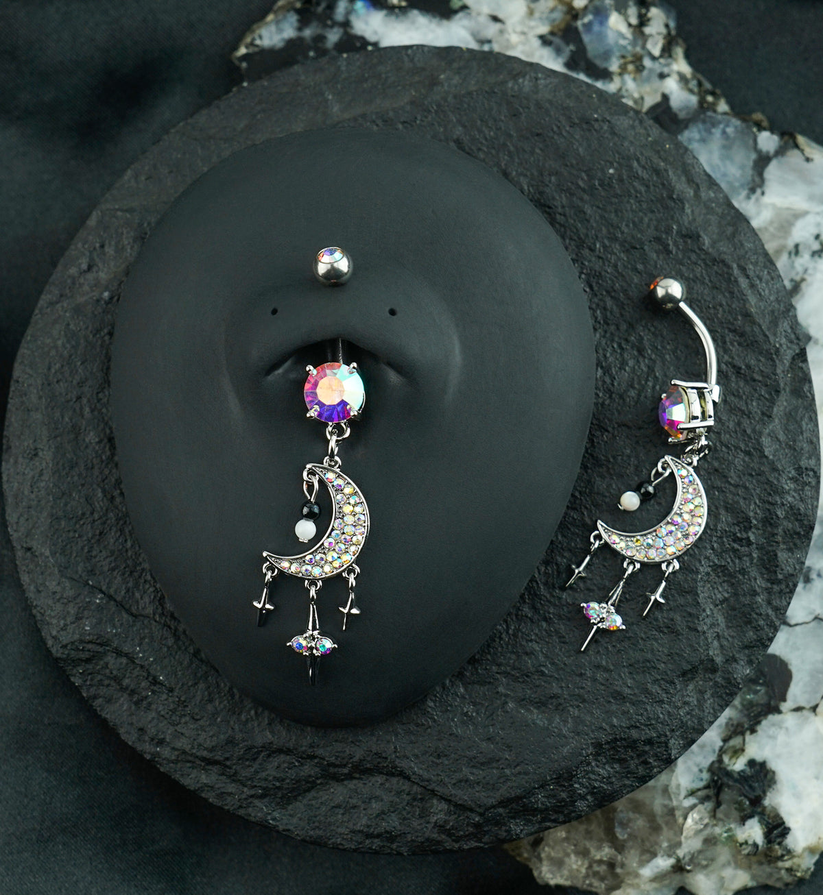 Crescent Moon With Triple Dangle Star Rainbow Aurora CZ Stainless Steel Belly Button Ring