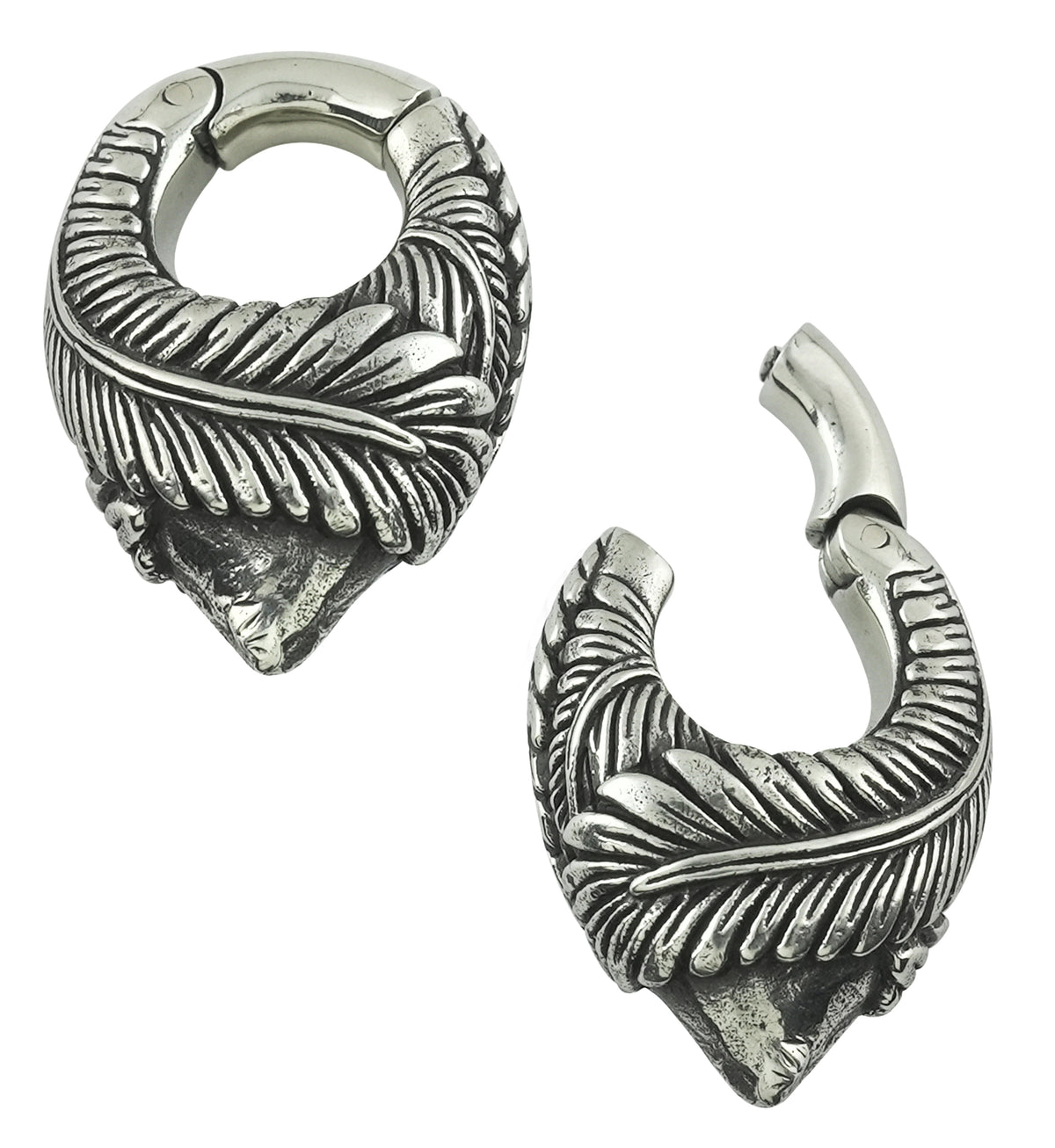 Crossed Feathers Keyhole White Brass Hinged Ear Weights