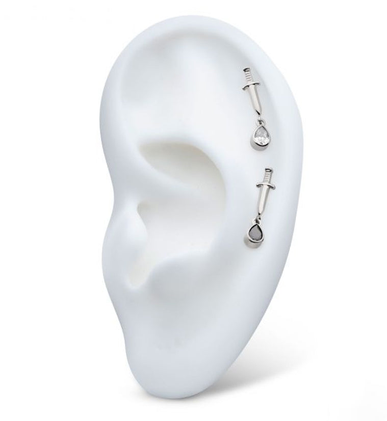 Dagger Dangle Teardrop Clear CZ Internally Threaded Top