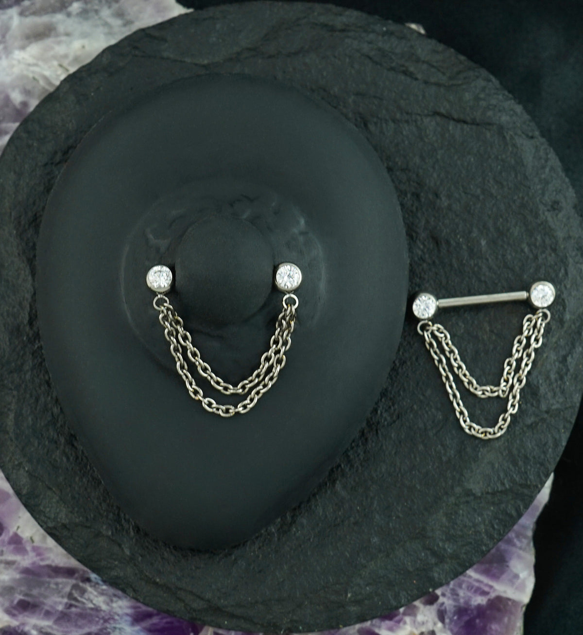 Dangle Chain Clear CZ Threadless Titanium Nipple Bars