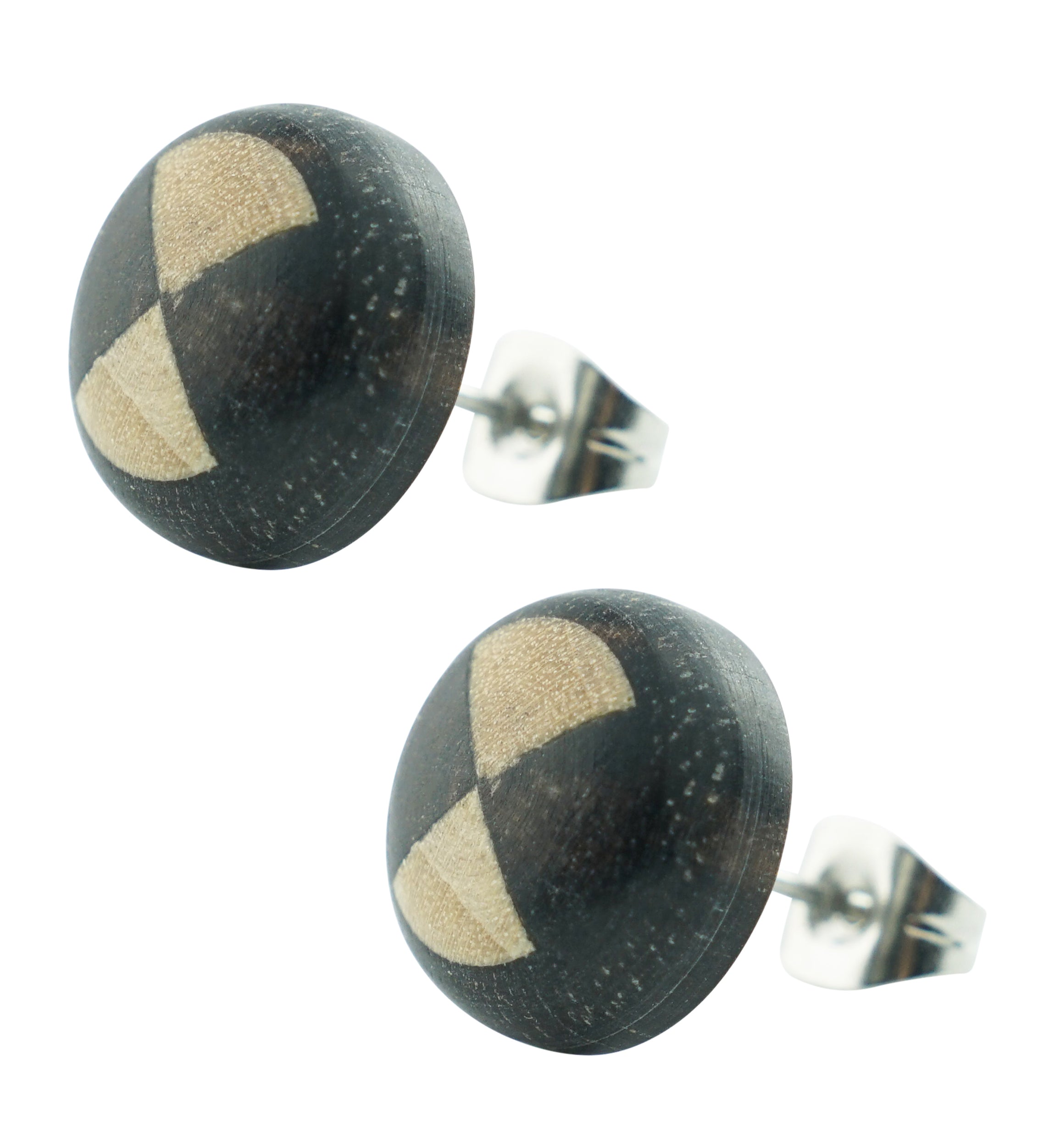Dark Areng Wooden Checkered Stainless Steel Stud Earrings