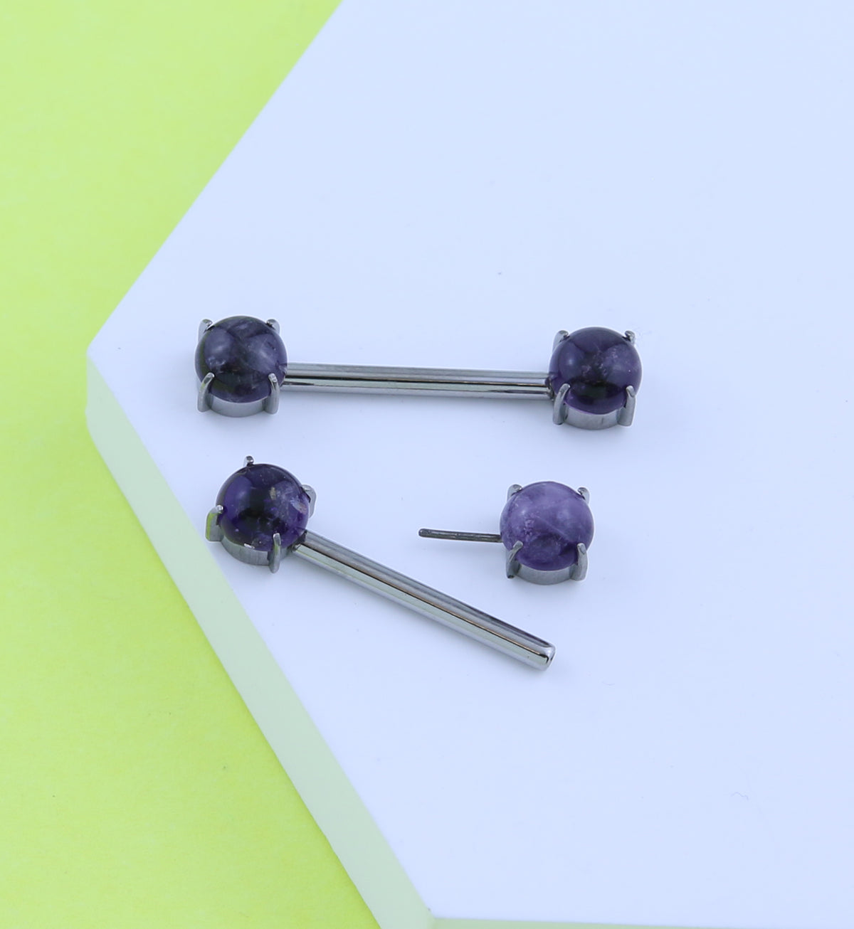 Double Amethyst Stone Threadless Titanium Nipple Barbells
