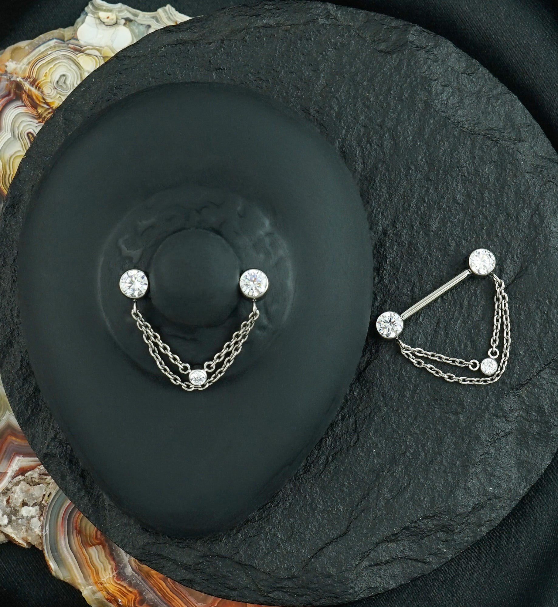 Double Dangle Chain Clear CZ Titanium Threadless Nipple Barbell