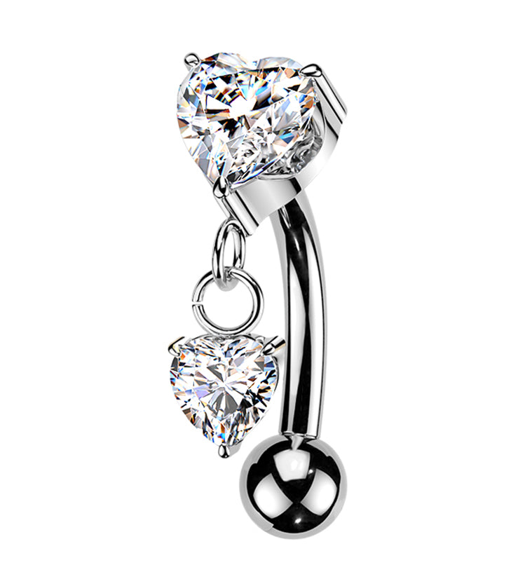 Double Heart CZ Dangle Titanium Threadless Curved Barbell