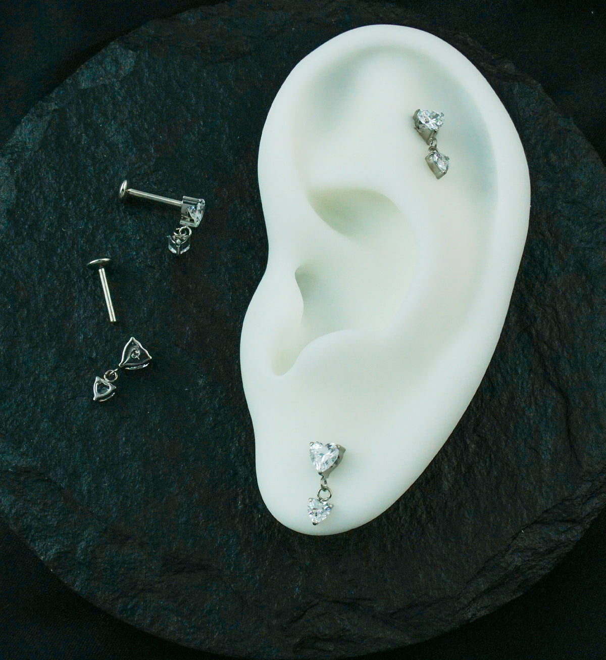 Double Heart Dangle Clear CZ Threadless Titanium Convex Disk Labret