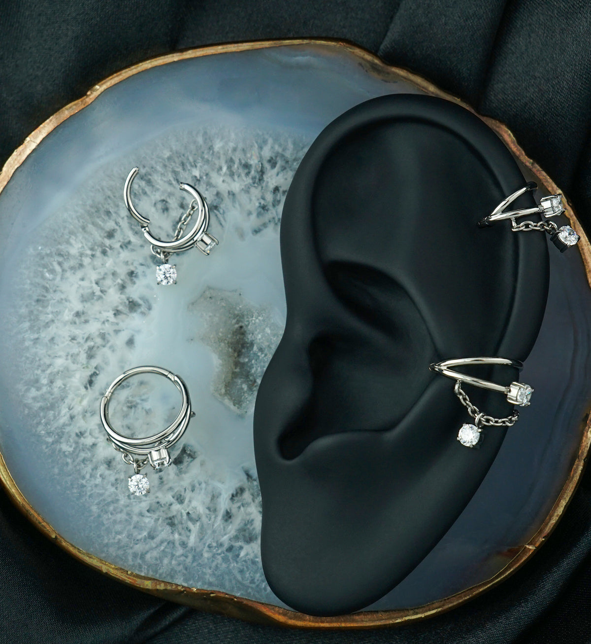 Double Hoop Clear CZ Dangle Chain Hinged Segment Ring