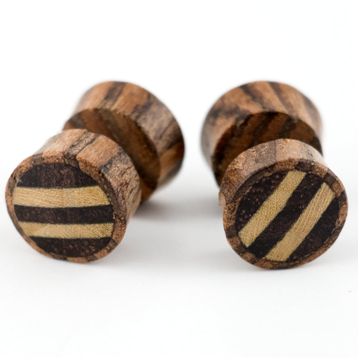 Zebra Wood Fake Gauges Plugs With Stripe Wood Inlay