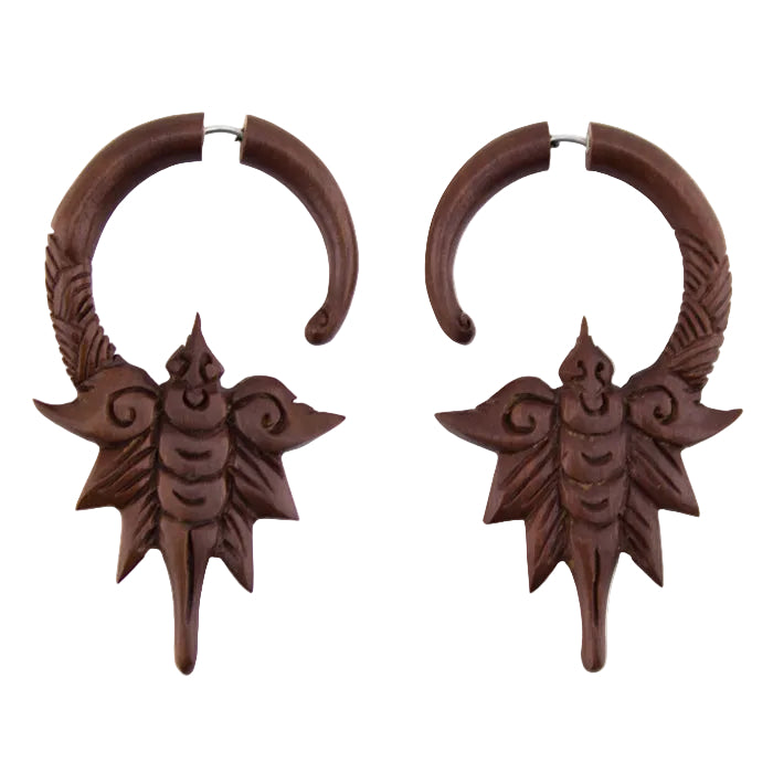 Dragonfly Spiral Saba Wood Fake Gauges Earrings