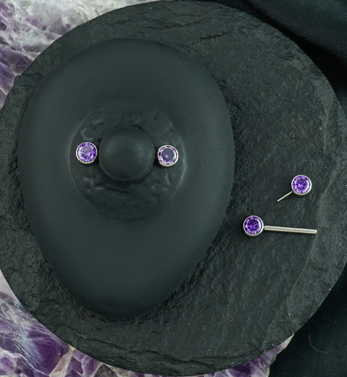 Dual Bezel Purple CZ Titanium Threadless Nipple Ring Barbell