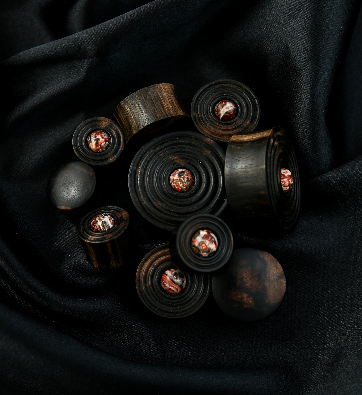 Ecliptic Areng Wood Plugs With Leopard Jasper Stone Inlay