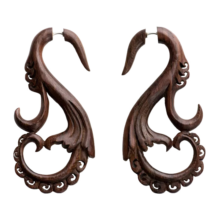 Empress Vine Spiral Fake Gauges Wood Earrings