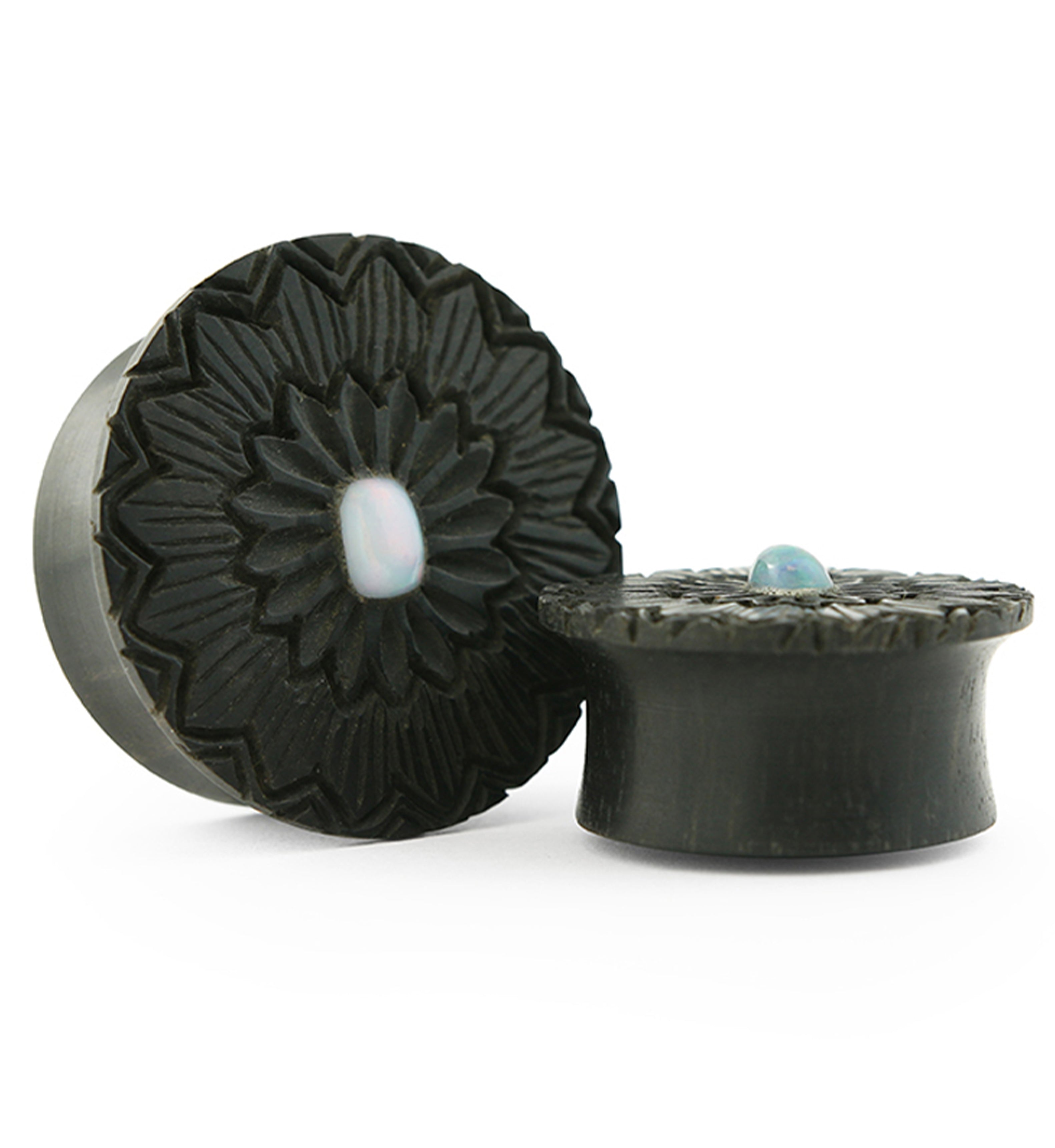 Etched Flower Areng Wood Mayan Flare Plugs With Opal Inlay
