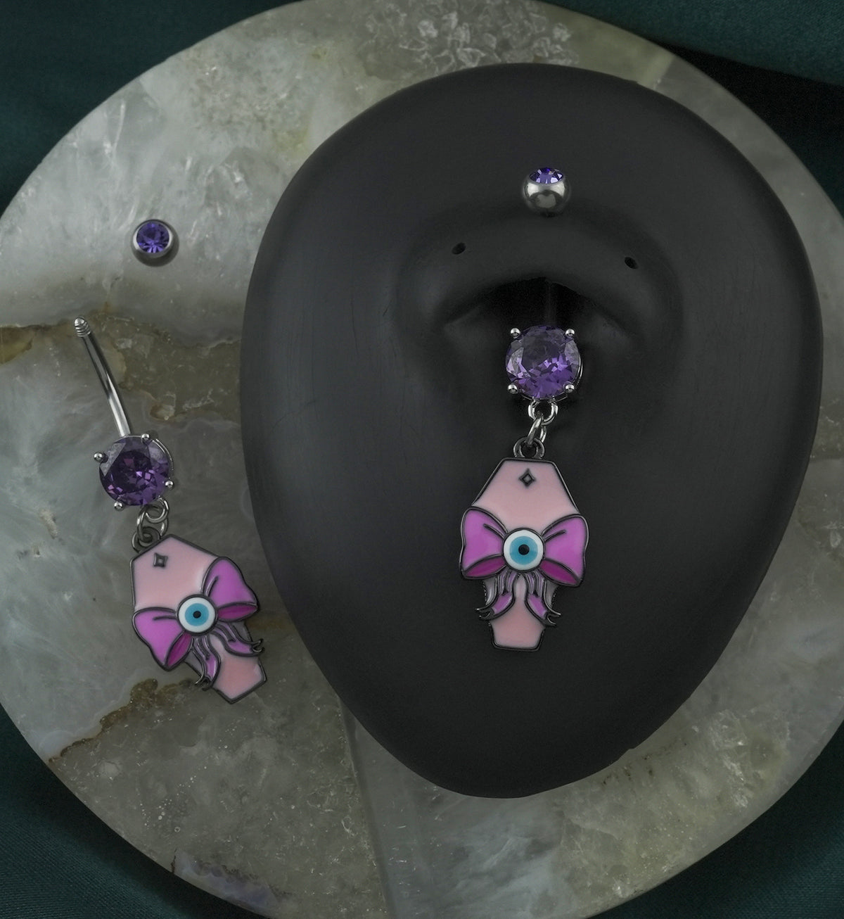 Eyeball Bow Coffin Tanzanite CZ Stainless Steel Belly Button Ring