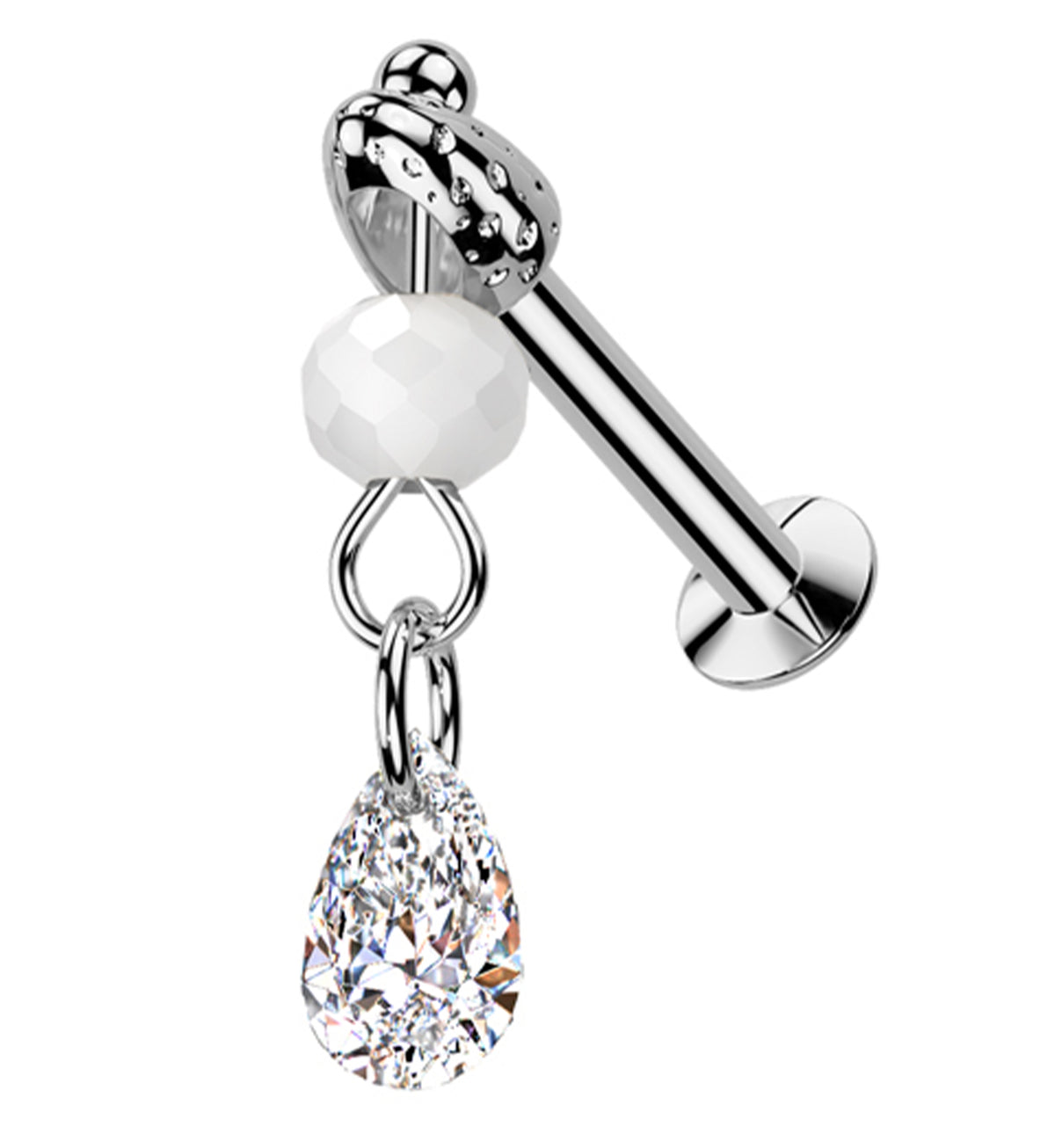 Faceted Bead Teardrop CZ Dangle Stainless Steel Convex Back Threadless Labret