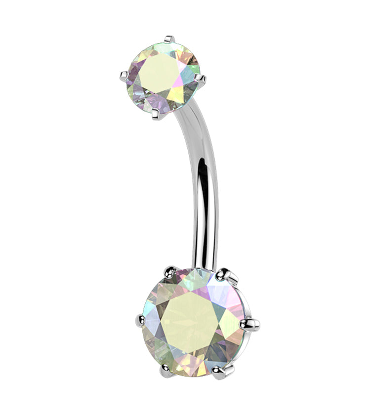 Faceted Rainbow Aurora CZ Stainless Steel Internally Threaded Belly Button Ring