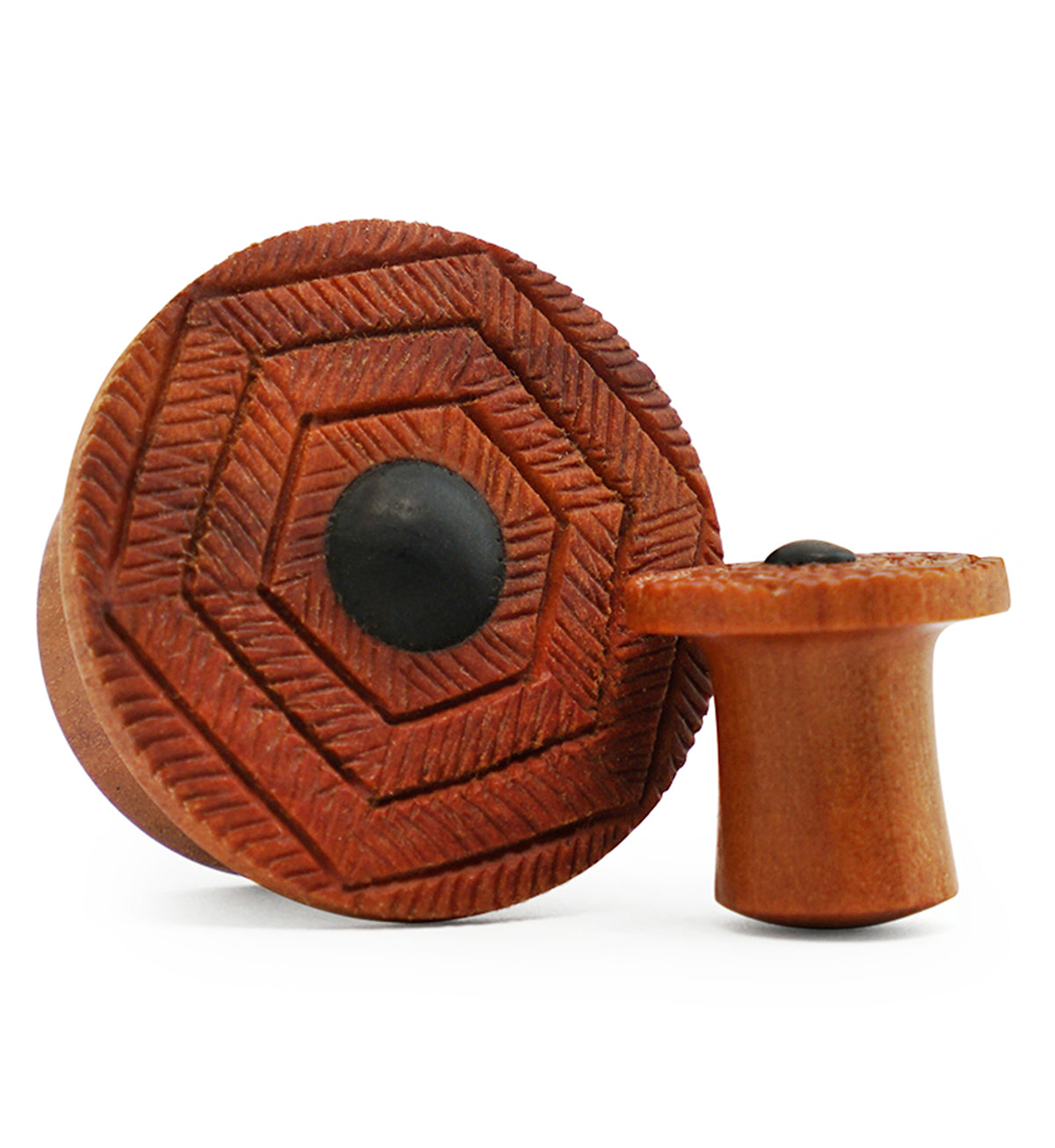 Feathered Geo Saba Wood With Dark Wood Inlay Mayan Flare Plugs