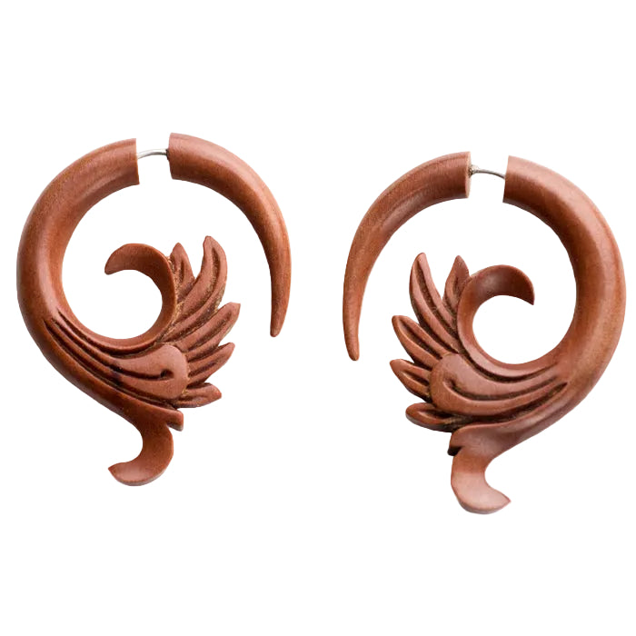 Floral Wave Saba Wood Fake Gauges Earrings