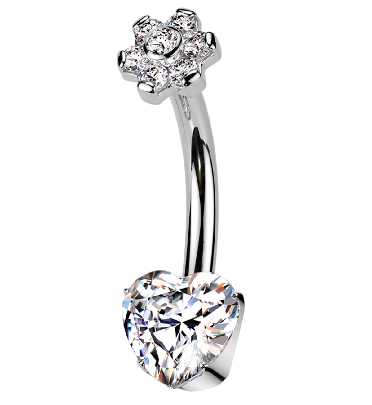 Flower Heart Clear CZ Titanium Internally Threaded Belly Button Ring