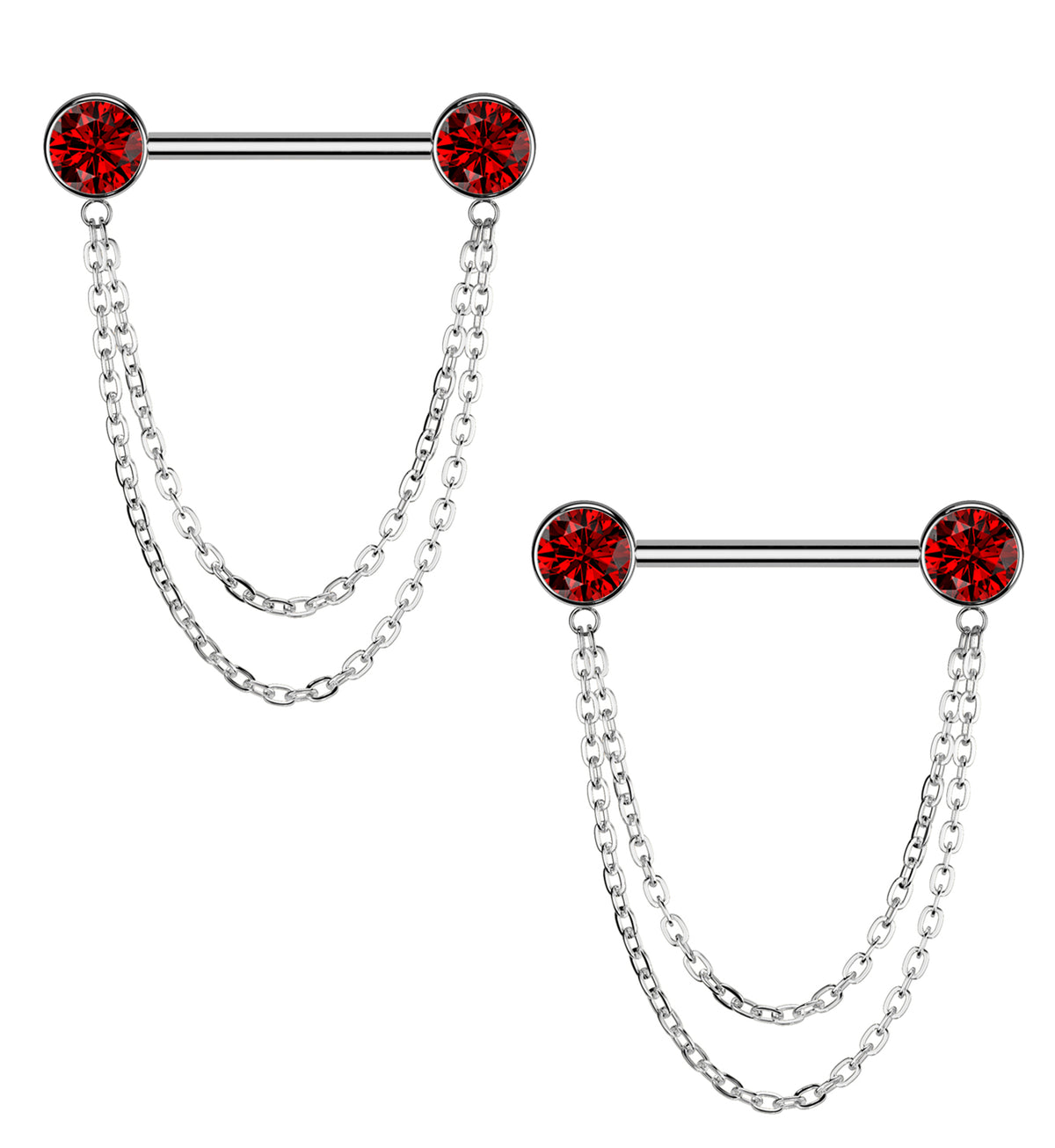 Front Facing Red CZ Double Dangle Threadless Titanium Nipple Barbell