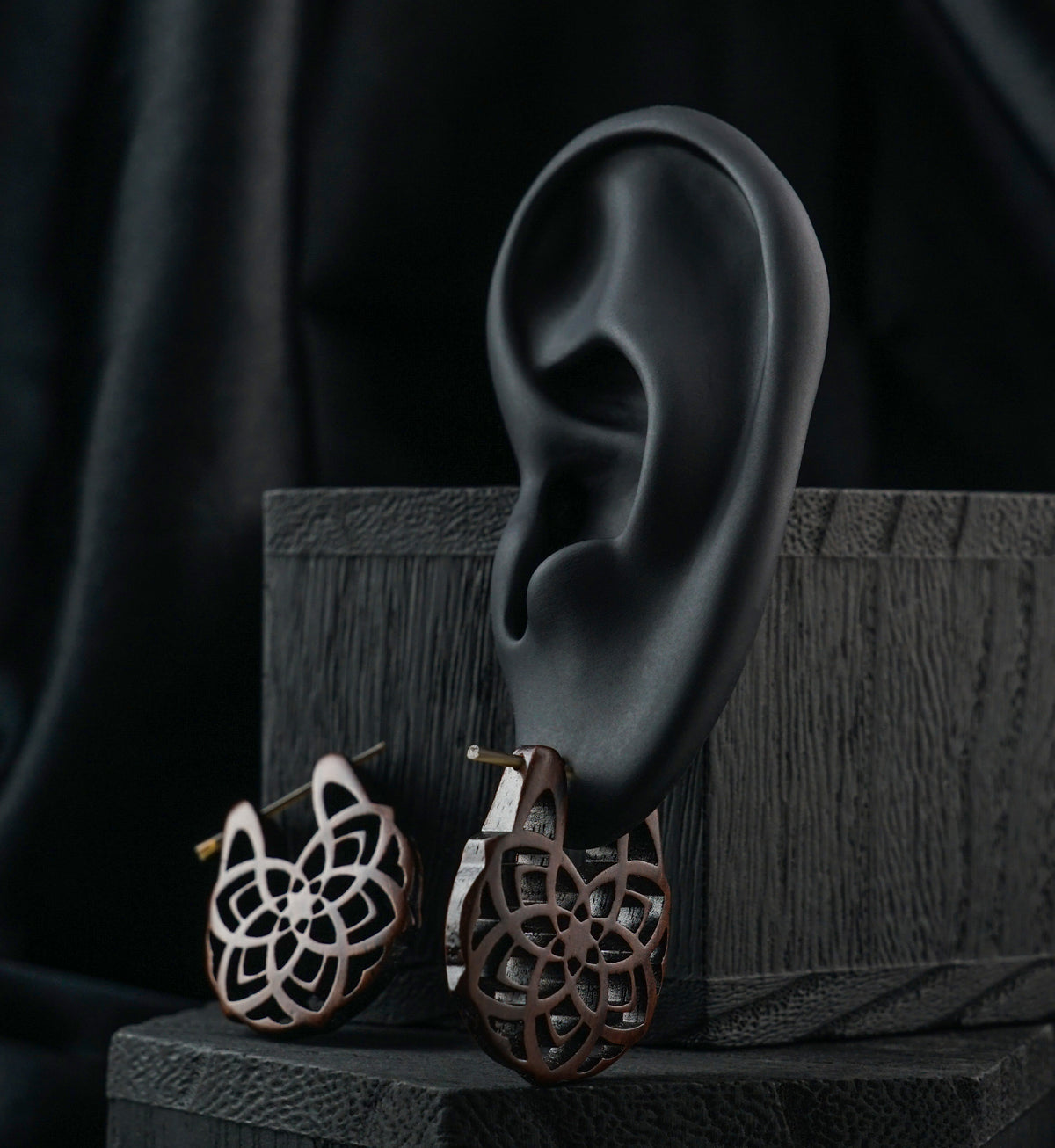 Geo Flower Hoop Narra Wood Earrings