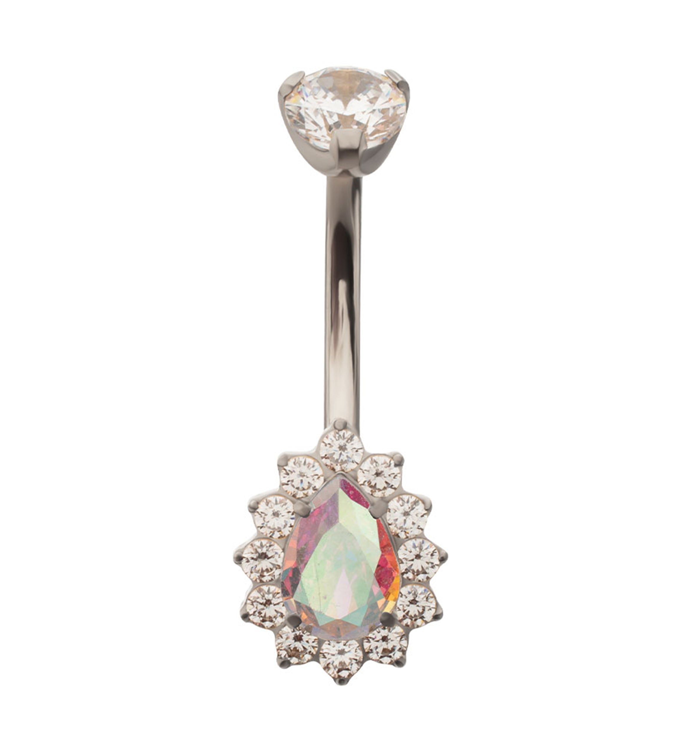 Gild Teardrop Rainbow Aurora CZ Titanium Internally Threaded Belly Button Ring
