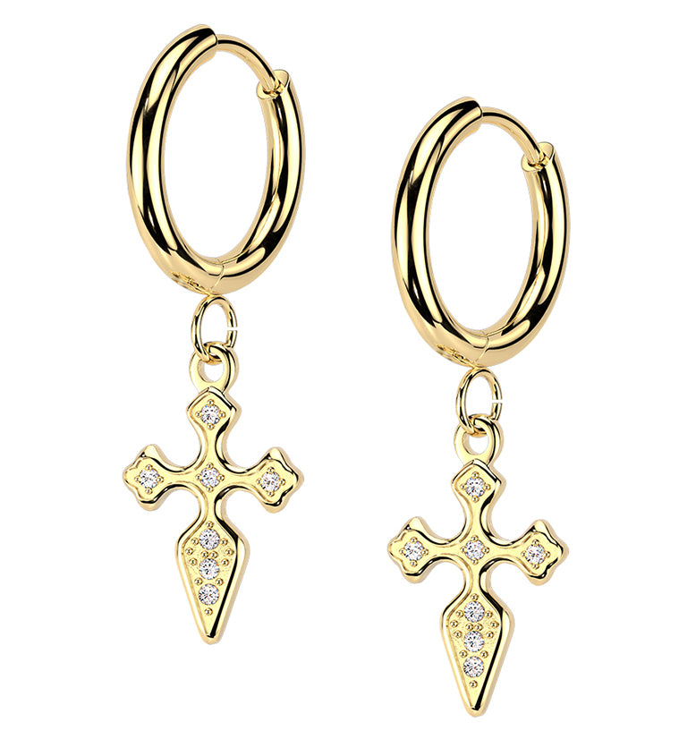 Gold PVD Gothic Cross CZ Stainless Steel Hinged Hoop Huggie Dangle Earrings