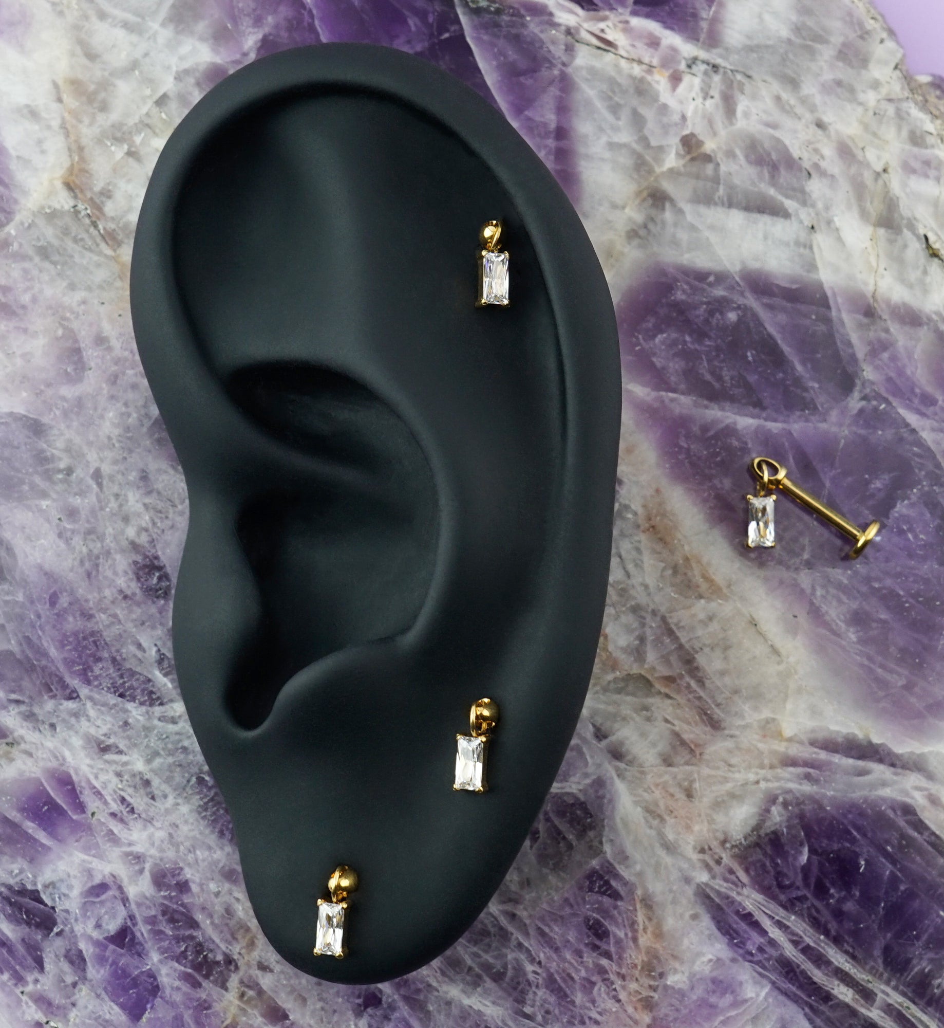 Gold PVD Baguette Dangle CZ Titanium Internally Threaded Labret