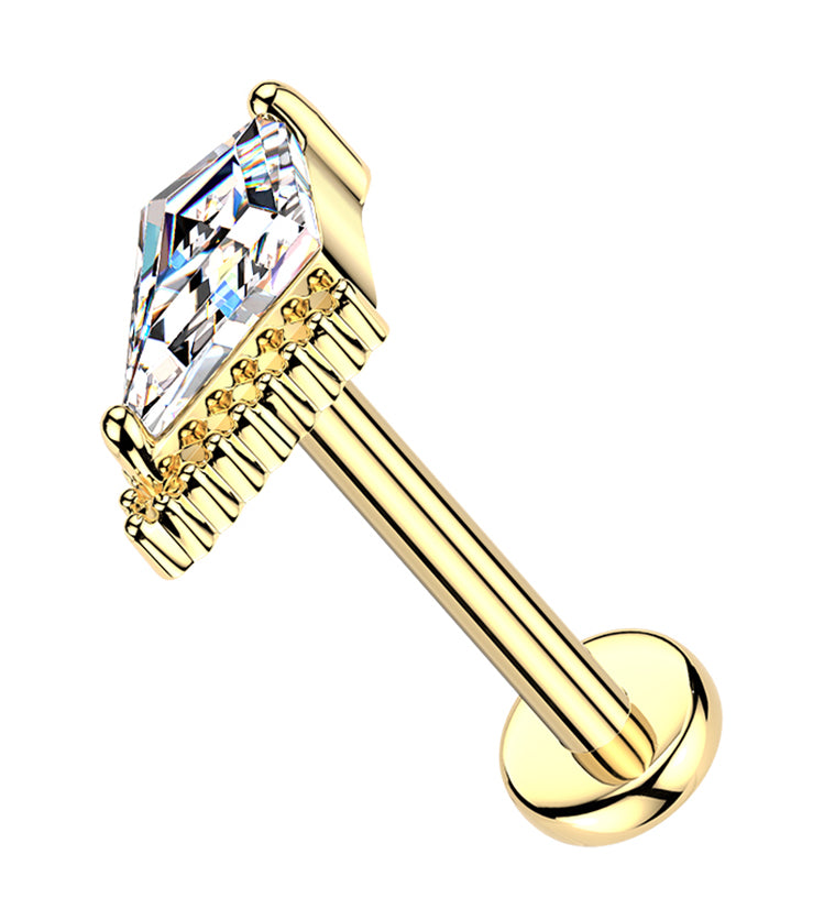 Gold PVD Beaded Edge Kite Clear CZ Stainless Steel Threadless Labret