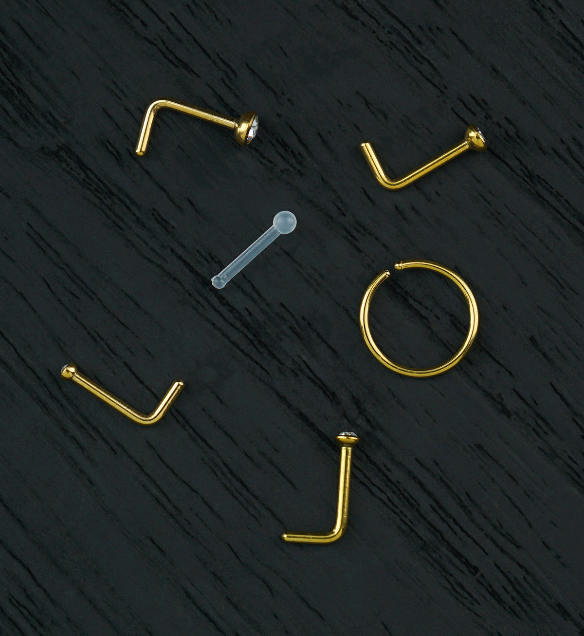 Gold PVD Bezel Clear CZ Stainless Steel L Bend/Stud/Hoop Variety Pack (6 Pack)