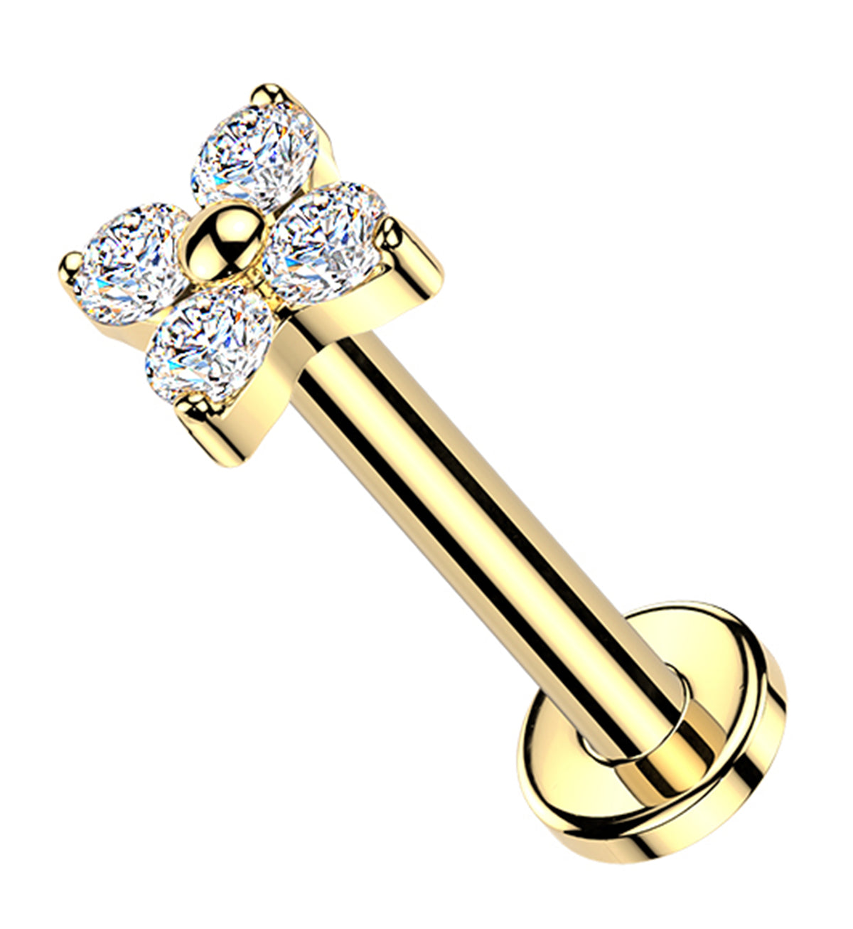 Gold PVD Blossom Clear CZ Titanium Threadless Labret by Urban Body Jewelry