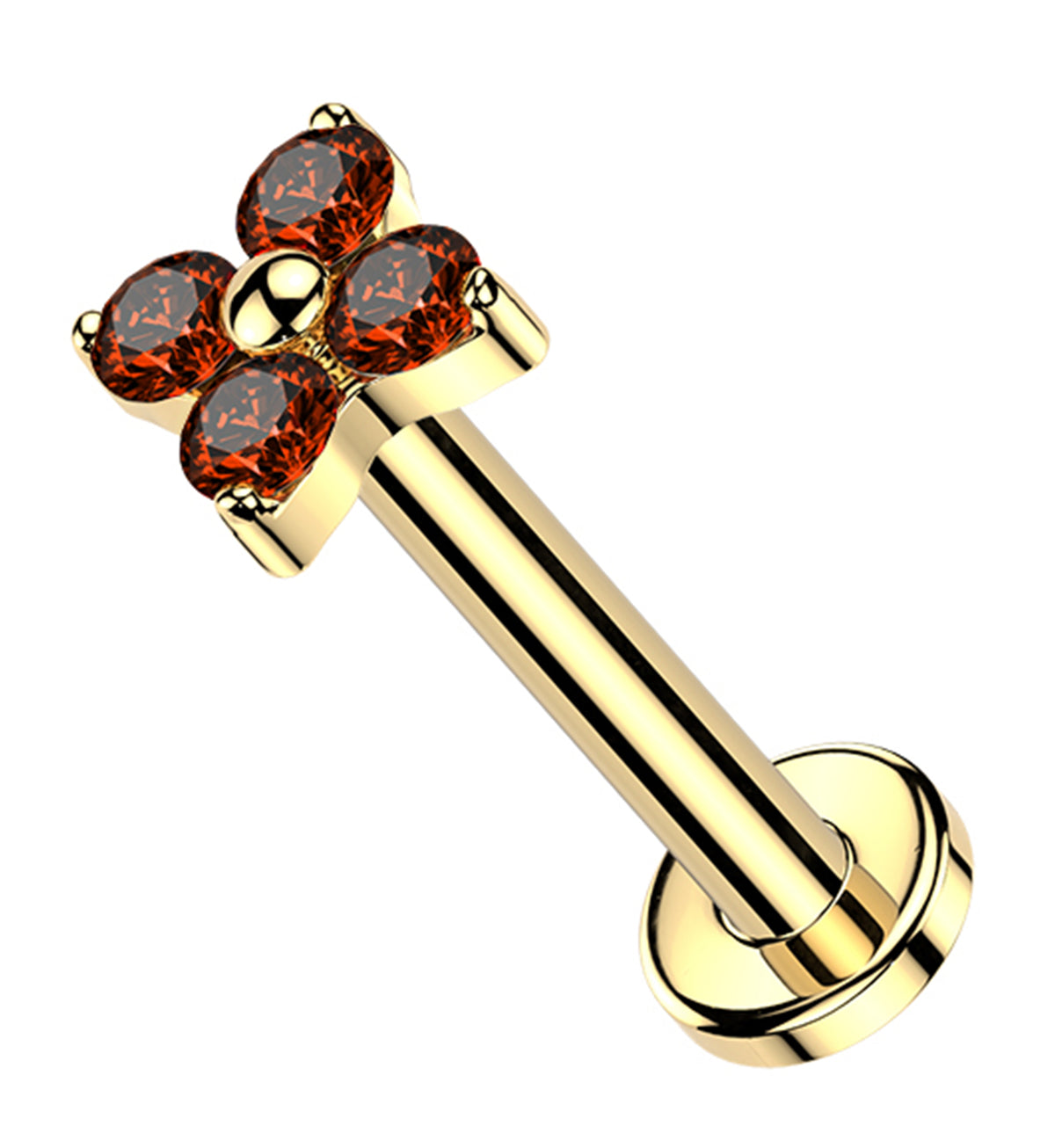 Gold PVD Blossom Red CZ Titanium Threadless Labret by Urban Body Jewelry