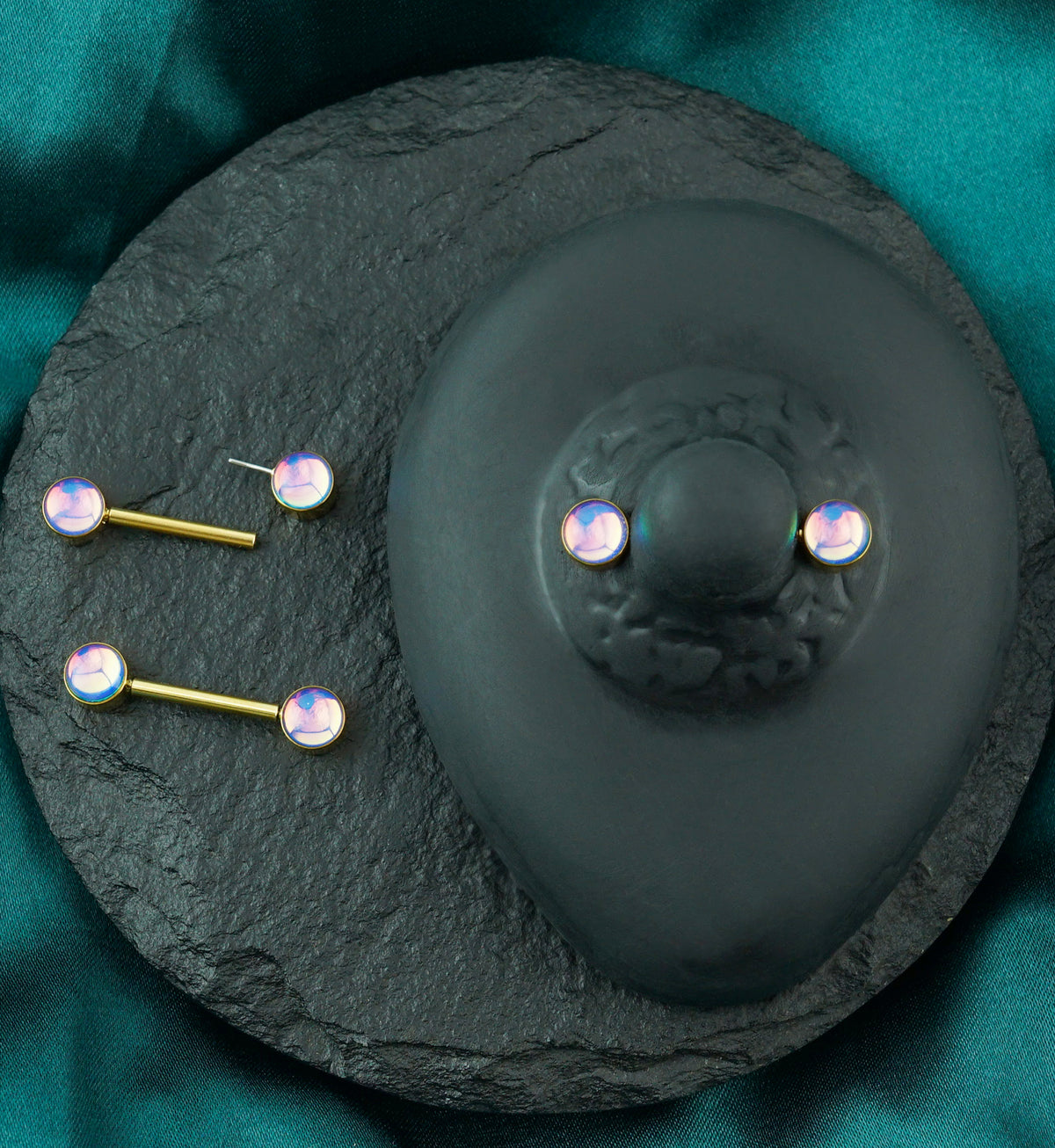 Gold PVD Blue Iridescent Gem Stainless Steel Nipple Ring Barbell