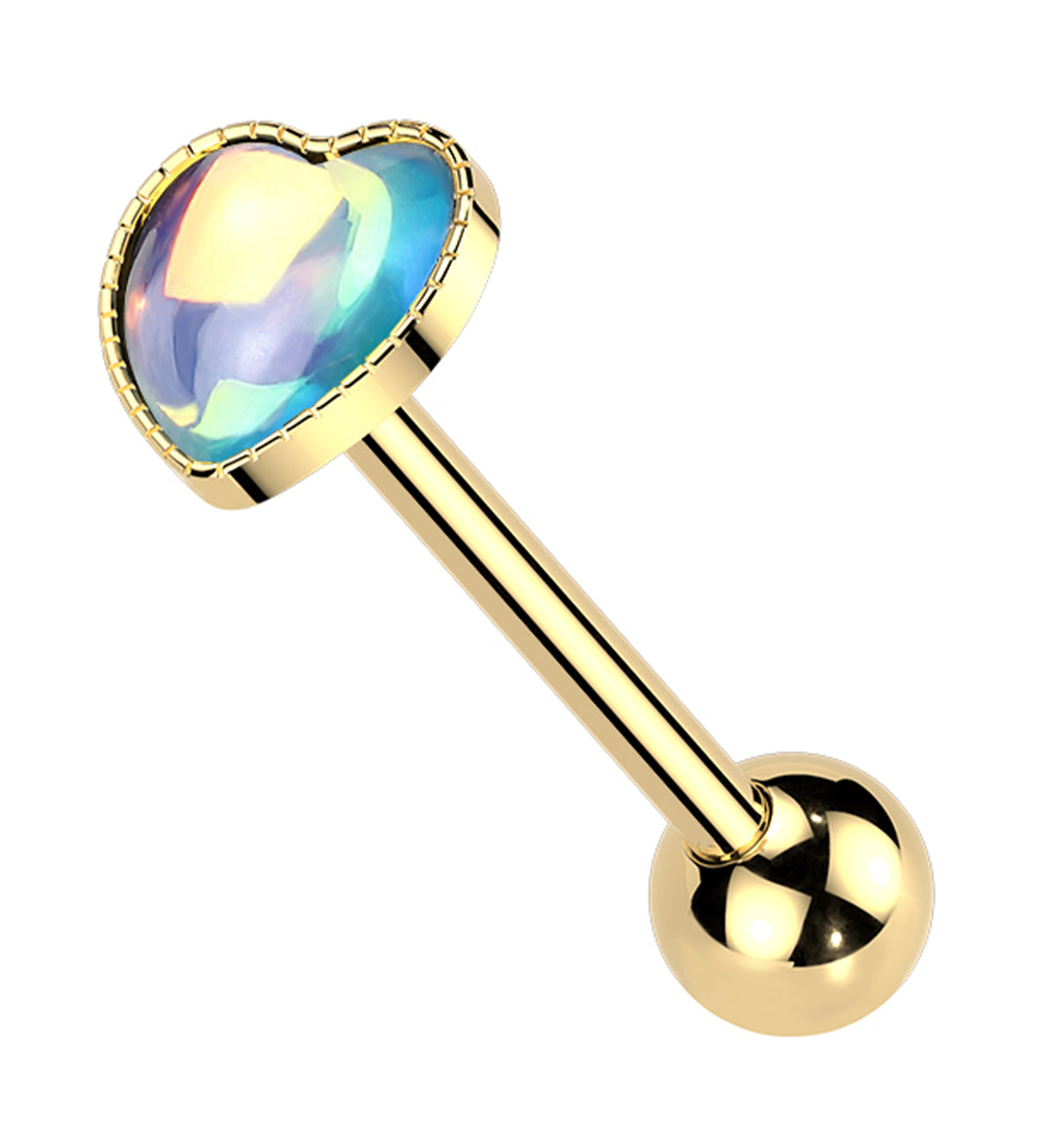 Gold PVD Blue Iridescent Heart Stainless Steel Barbell by Urban Body Jewelry