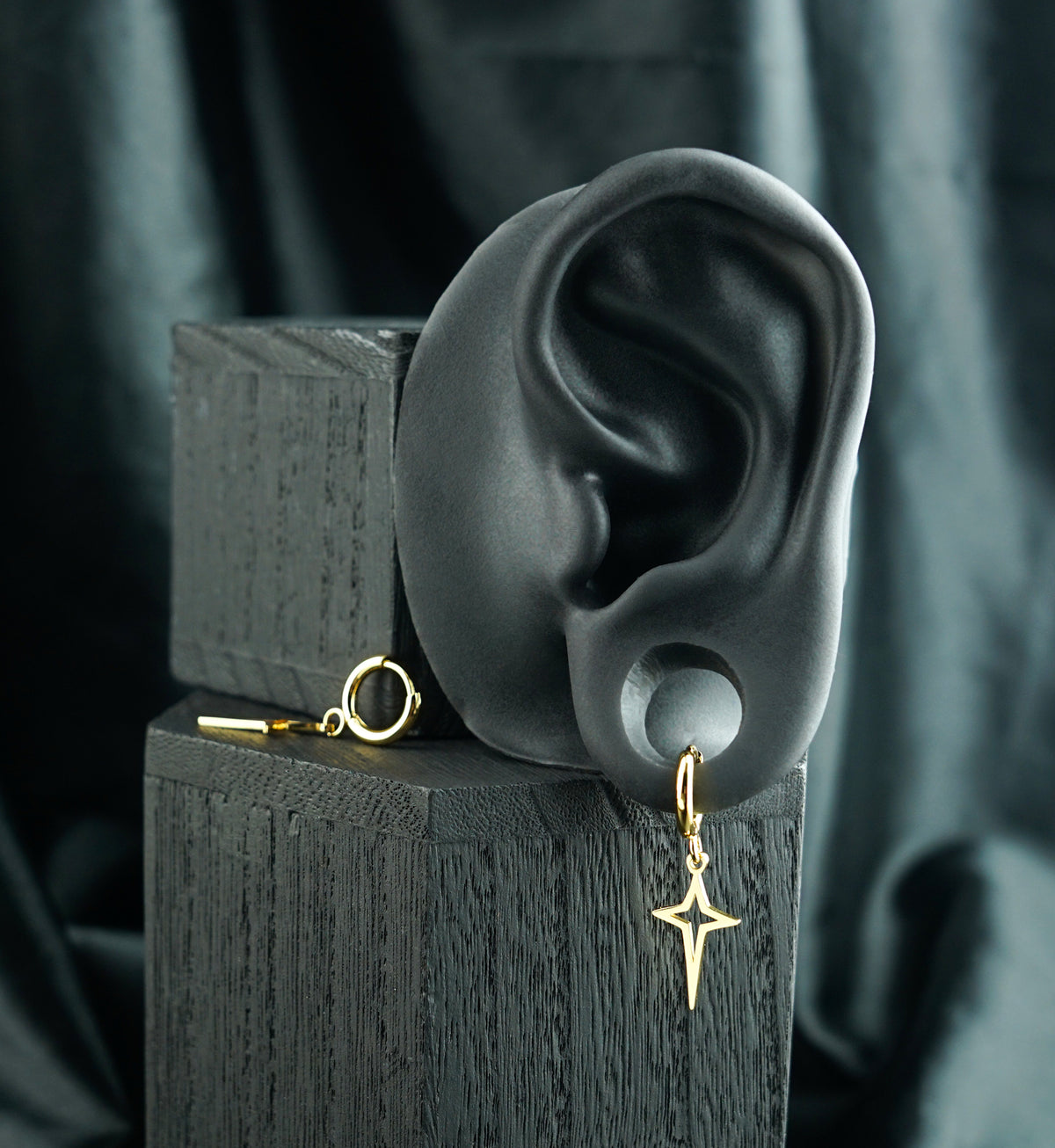 Gold PVD Bold Four Point Star Stainless Steel Hinged Earrings
