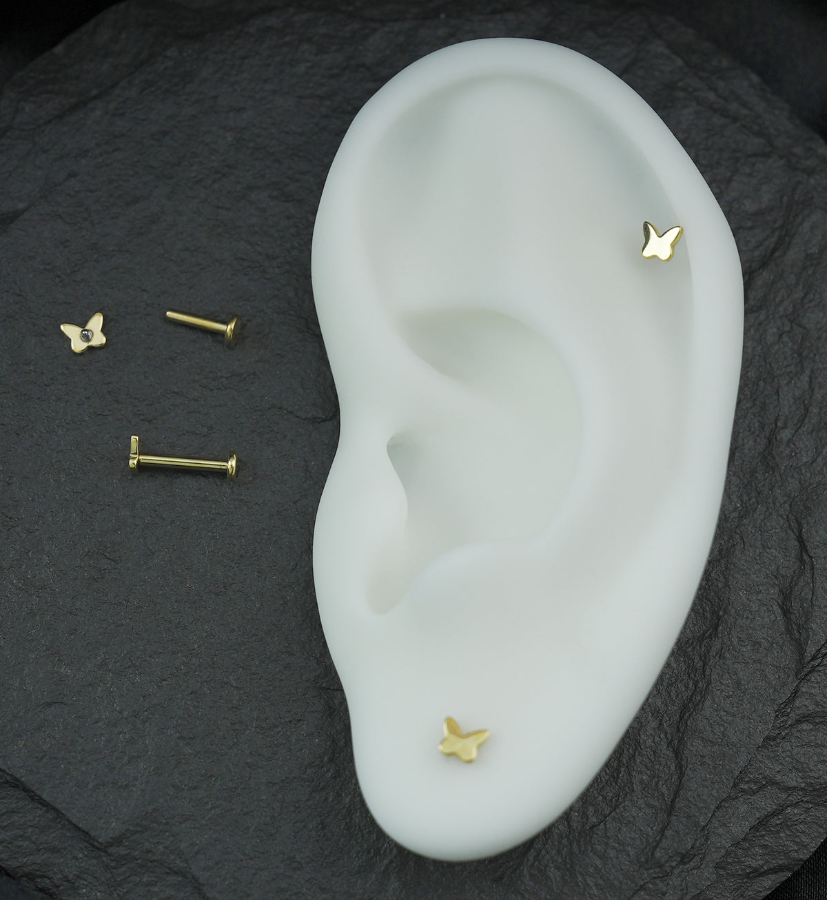 Gold PVD Bubble Butterfly Internally Threaded Titanium Labret