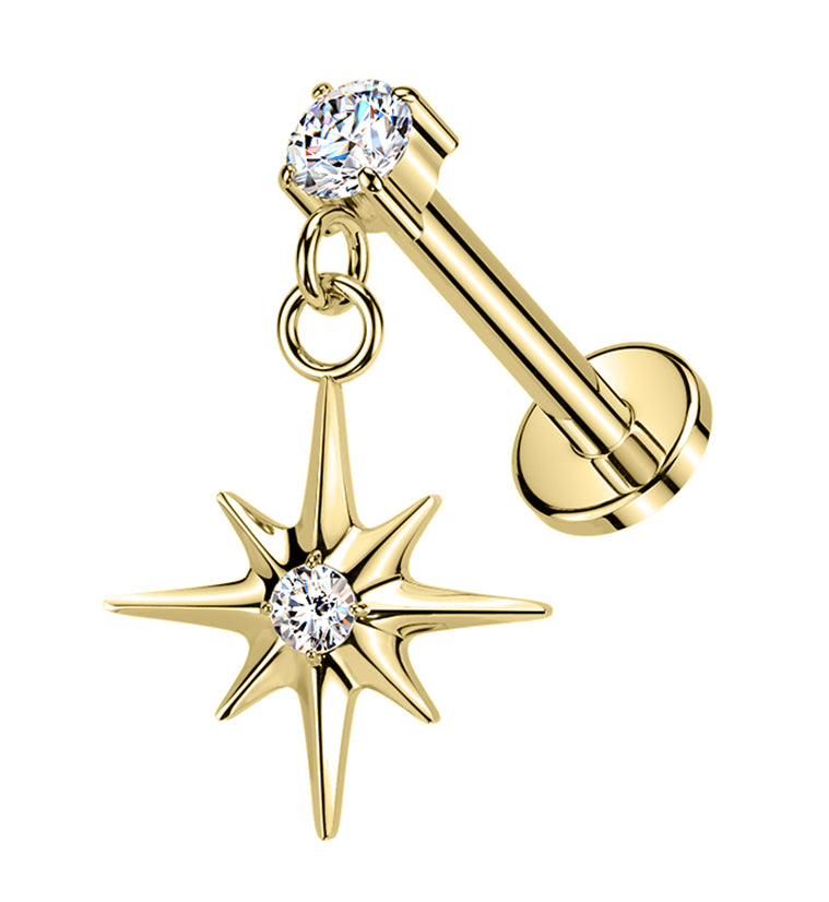 Gold PVD Cardinal Points CZ Dangle Internally Threaded Titanium Labret