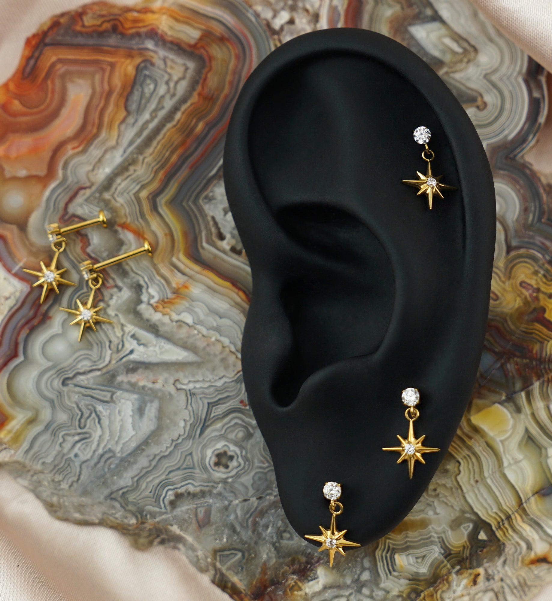 Gold PVD Cardinal Points CZ Dangle Threadless Titanium Labret