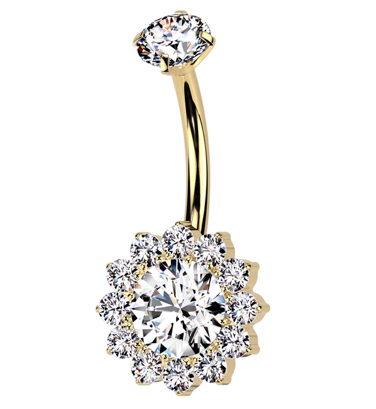 Gold PVD Clear CZ Bold Flower Titanium Internally Threaded Belly Button Ring
