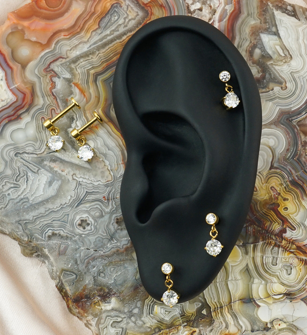 Gold PVD Clear CZ Dangle Internally Threaded Stainless Steel Labret