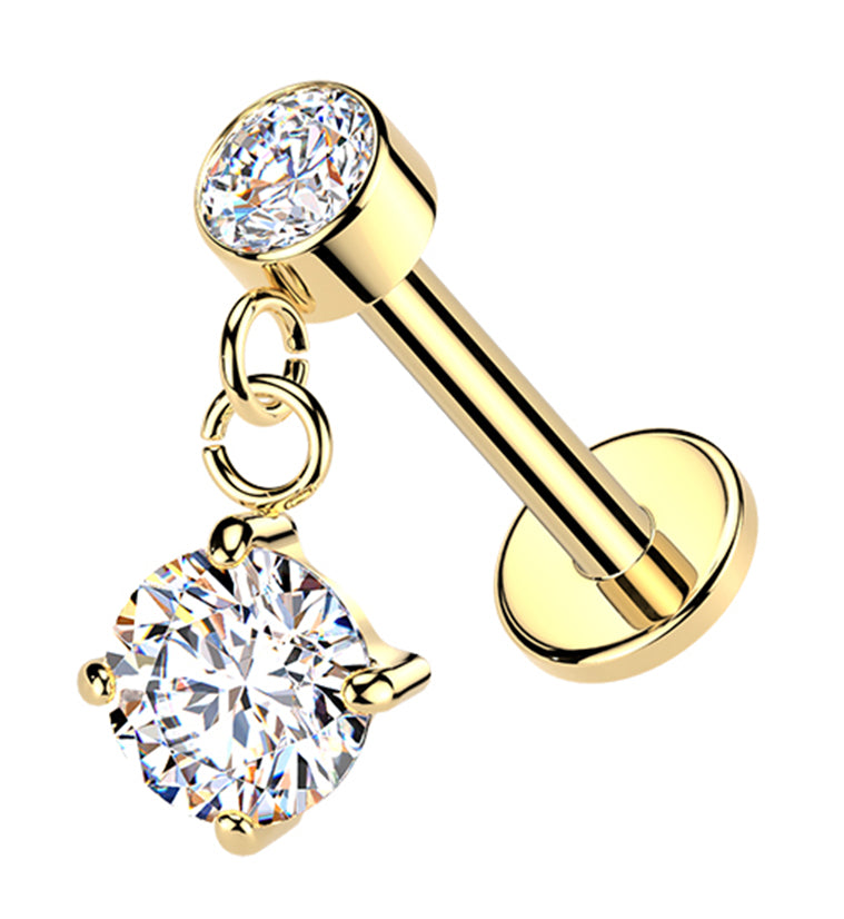 Gold PVD Clear CZ Dangle Internally Threaded Stainless Steel Labret